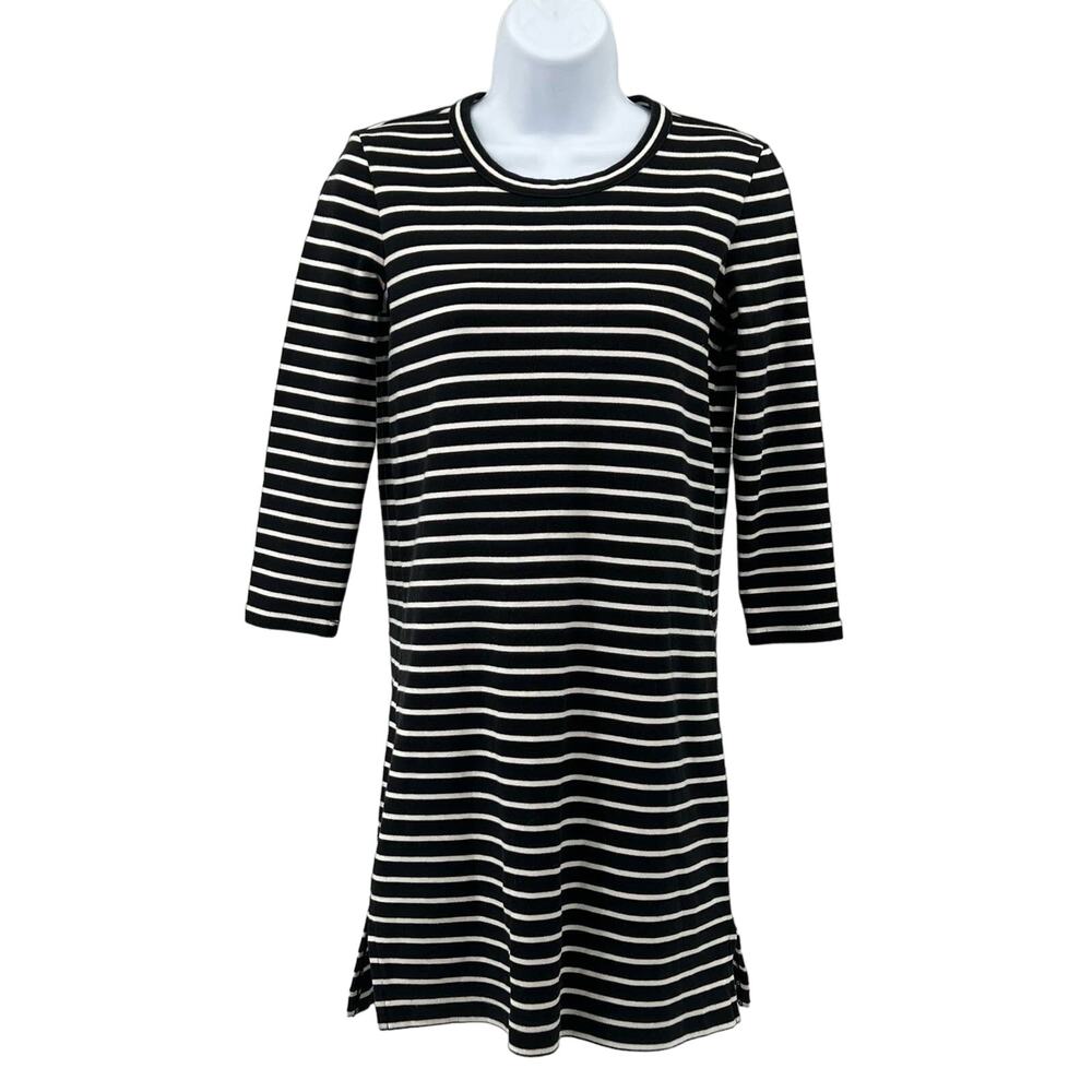 Madewell Women's Striped Dress XS Black/White 3/4 Sleeve Keyhole Back Slit Mini